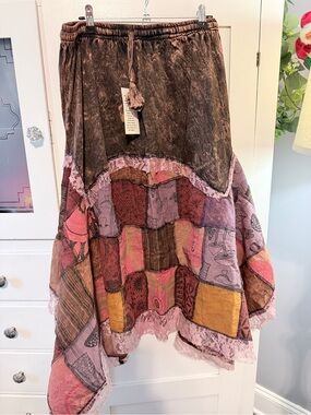Kathmandu- Boho Patchwork Asymmetrical Midi Skirt in Pink,Purple & Brown